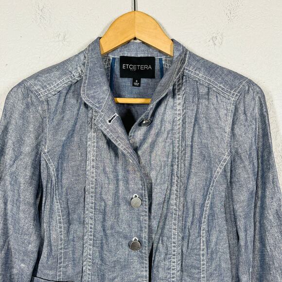 Etcetera Chambray Shacket 3/4 Sleeve Button Up Top Shirt JAcket Blue - 6 - Picture 2 of 4